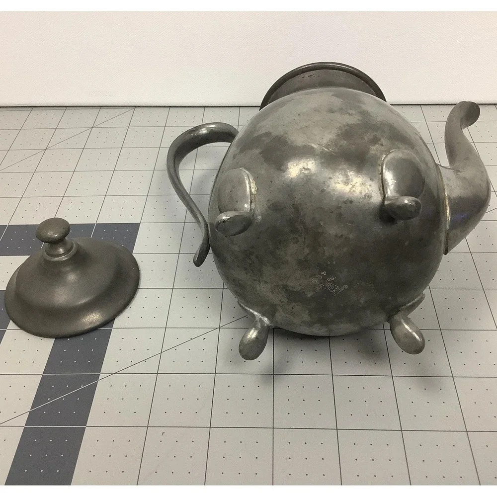 Vintage Pewter Tea Set Footed Teapot Creamer Sugar Bowl Colonial Style 3 Piece
